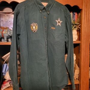 Upcycled Green Button-Up Flannel Shirt Star Skull Badge Slightly Stupid Dept